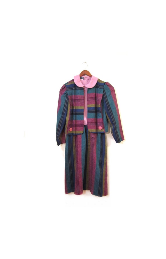 Vintage 80s Pink Peter Pan Collar Striped Dress an