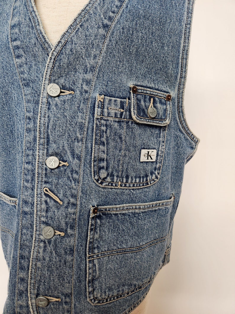 Vintage 90s Oversized Unisex CK Calvin Klein Grunge Reival Blue Button Up Denim Vest l xl biker vest grunge minimalist CK image 7