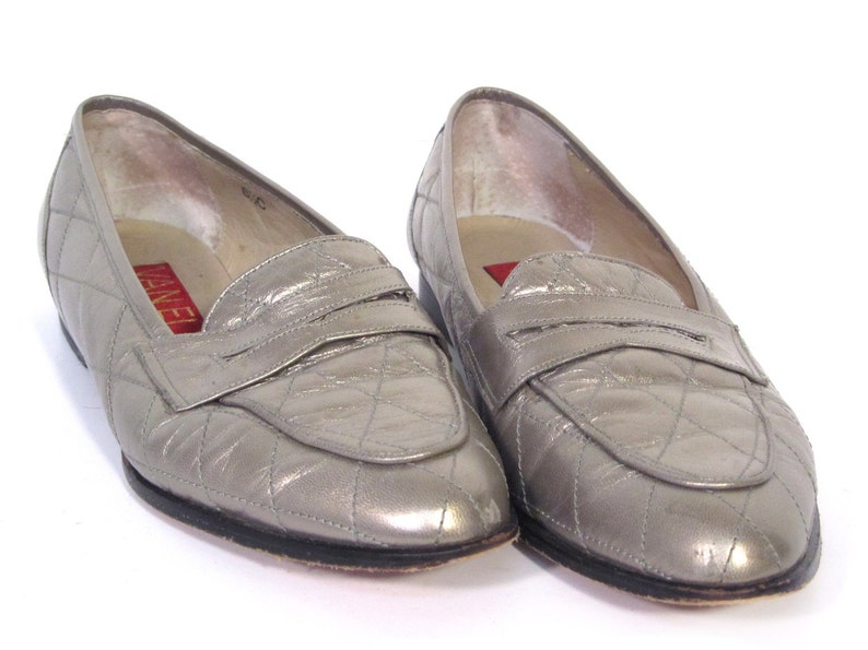 Vintage 80s PEWTER Quilted Leather Loafers womens 6.5 Etsy