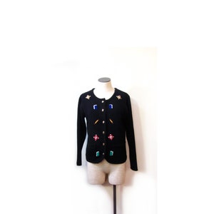 Vintage 80s Black Knit Book Worm Button Up Cardigan Sweater women s m nerd geek preppy embroidered indie hipster vestiesteam granny grunge image 2