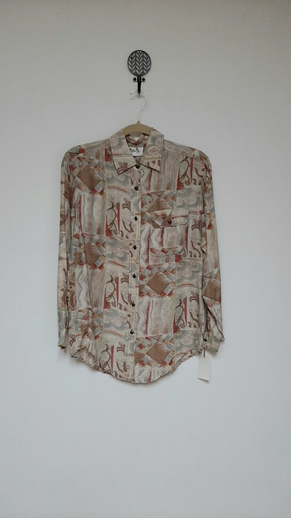 Vintage 90s Oversized Silk Earth Tone Abstract Pri