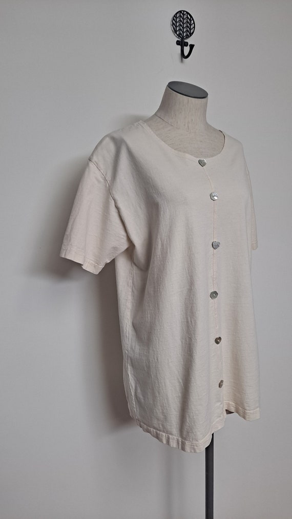 Vintage Creamy White Cotton Long Waist T Shirt wi… - image 6