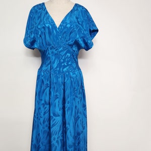 Vintage 80s CERULEAN Blue Flowy V Neck Day Dress s m cocktail dress deep v image 8