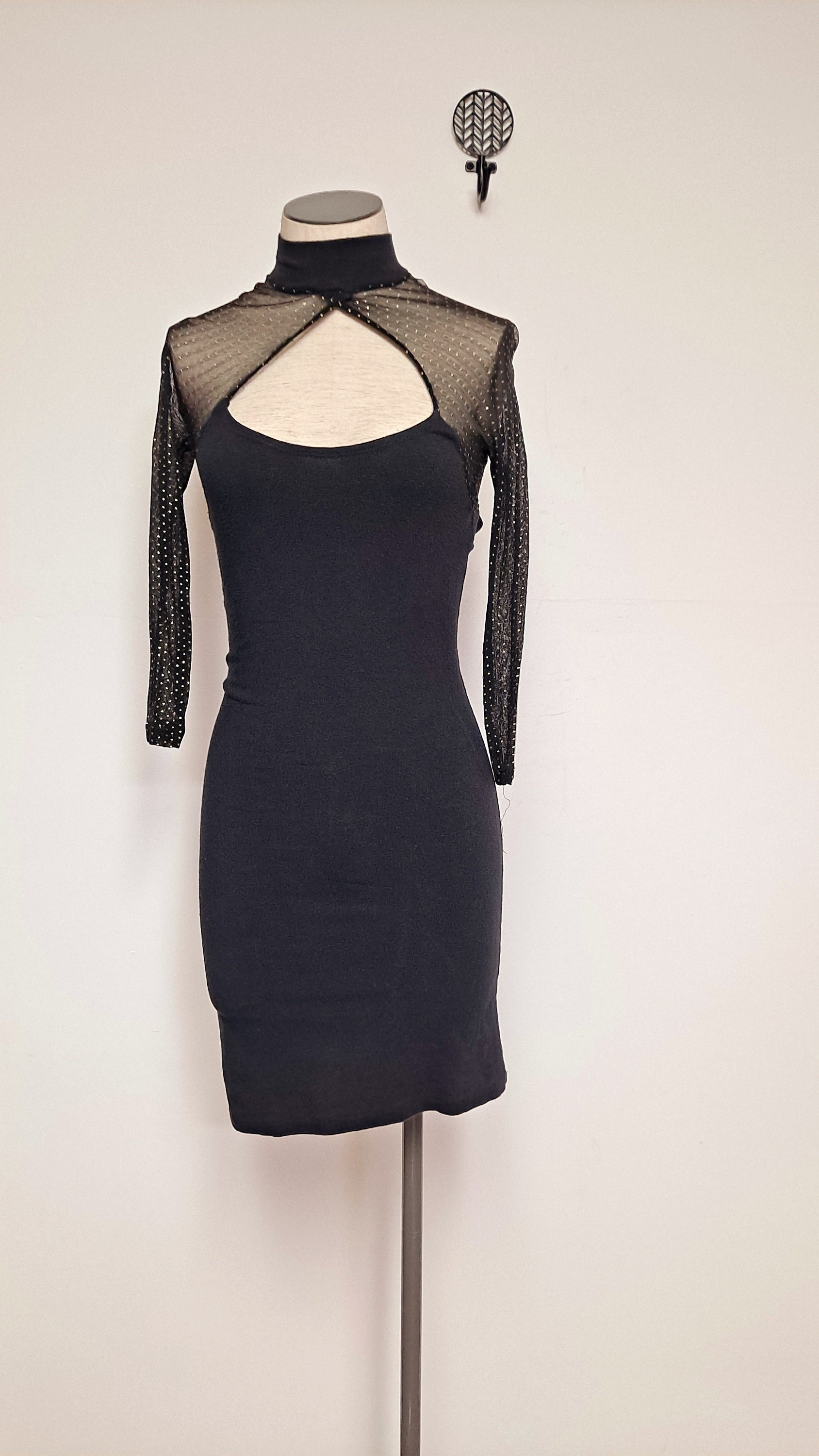 90s Black Skin Tight Body Con Cut Out Mini Dress Xs Small Sheer