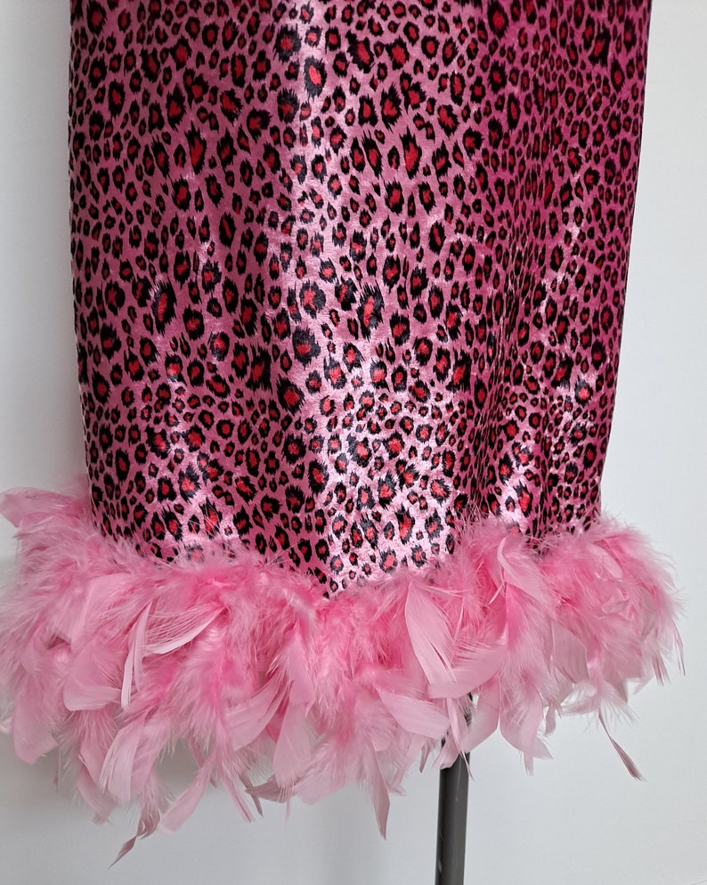 Vintage 90s Romy & Michelle Hot Pink Cheetah Print Pencil Skirt with Feather Trim women medium large disco skirt club kid raver image 3
