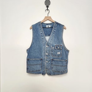 Vintage 90s Oversized Unisex CK Calvin Klein Grunge Reival Blue Button Up Denim Vest l xl biker vest grunge minimalist CK image 6