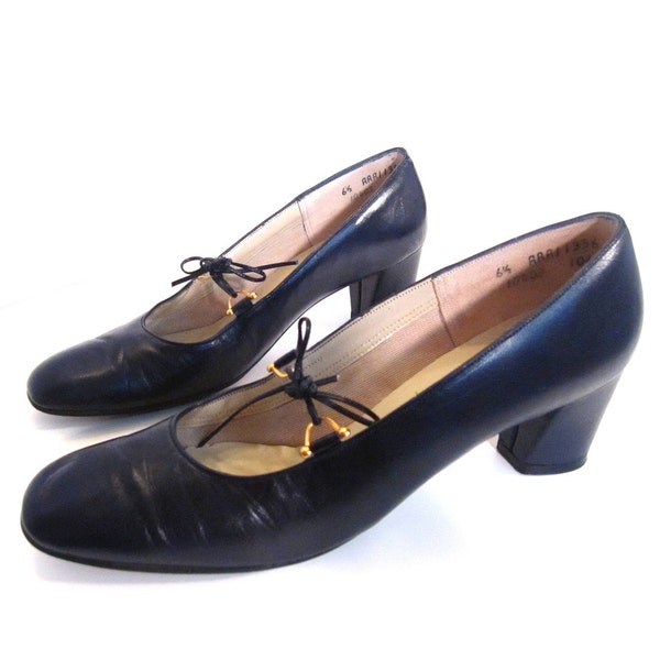 Vintage 60s Mod Navy Blue Stacked Lace Up MADEMOISELLE Pumps 6 6.5 womens preppy