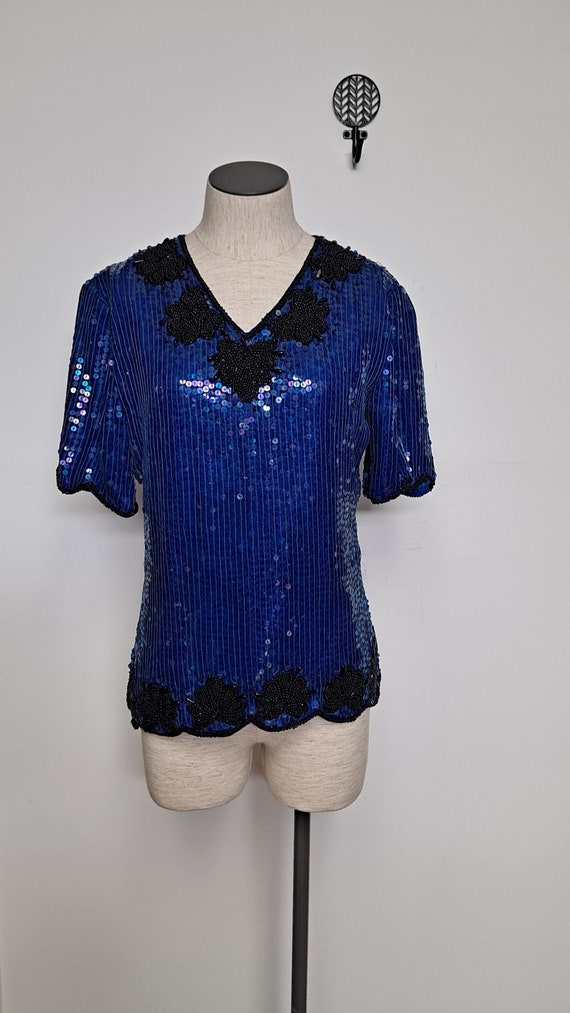 90s Cobalt Blue Sequined & Beaded Evening Glam Top