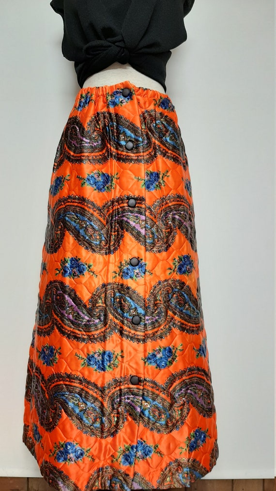 Vintage 60s Orange Floral Paisley Long Quilted Ma… - image 8