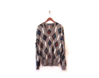 Vintage 80s Oversized Taupe DIAMOND Knit Cosby Sweater s m