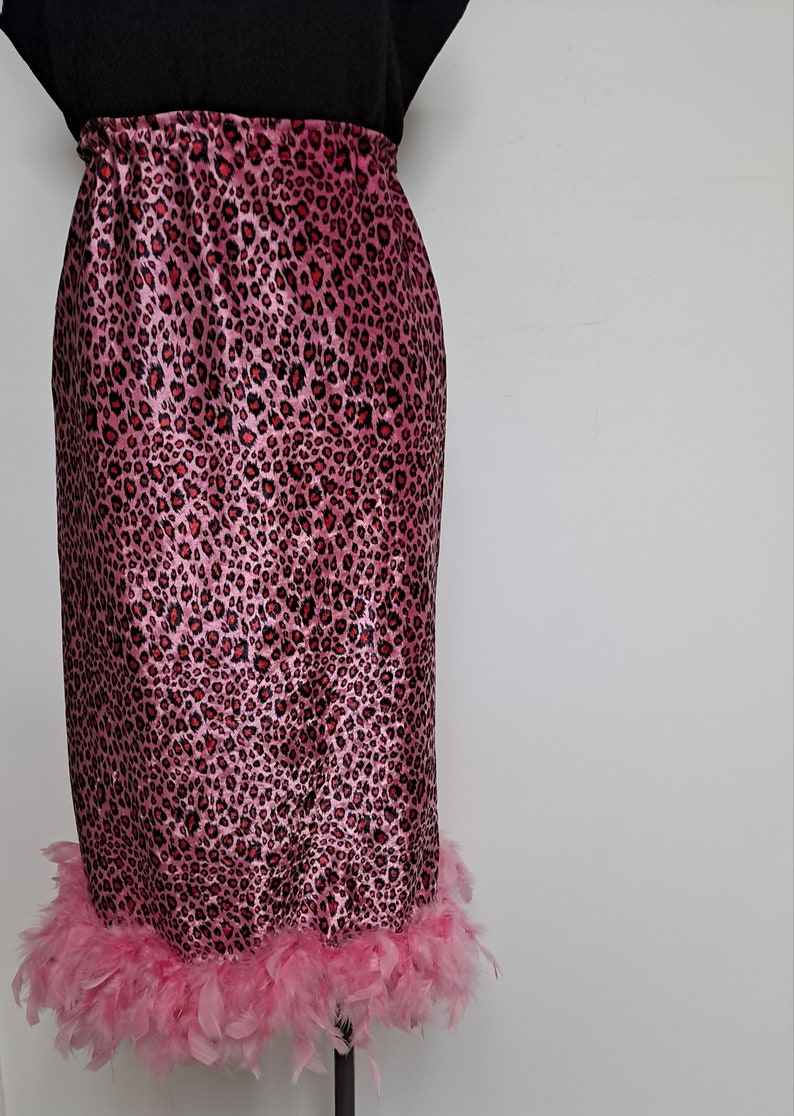 Vintage 90s Romy & Michelle Hot Pink Cheetah Print Pencil Skirt with Feather Trim women medium large disco skirt club kid raver image 4