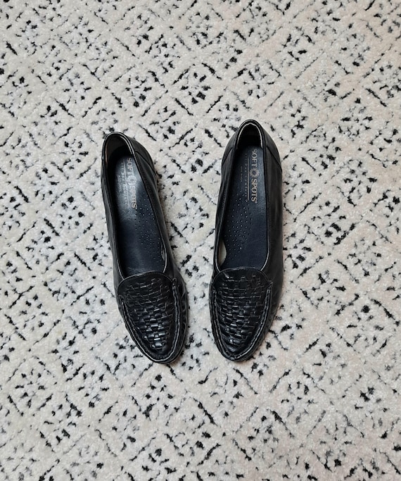 Vintage 80s Black Woven Leather Loafers women 7.5… - image 1