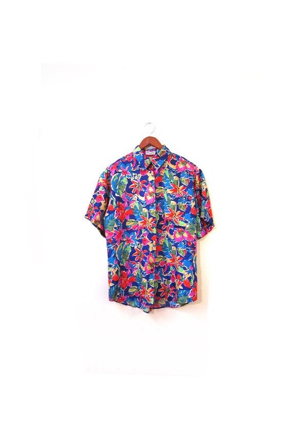 Vintage 80s Silk Floral HAWAII Button Up Boxy Blou