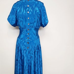 Vintage 80s CERULEAN Blue Flowy V Neck Day Dress s m cocktail dress deep v image 6