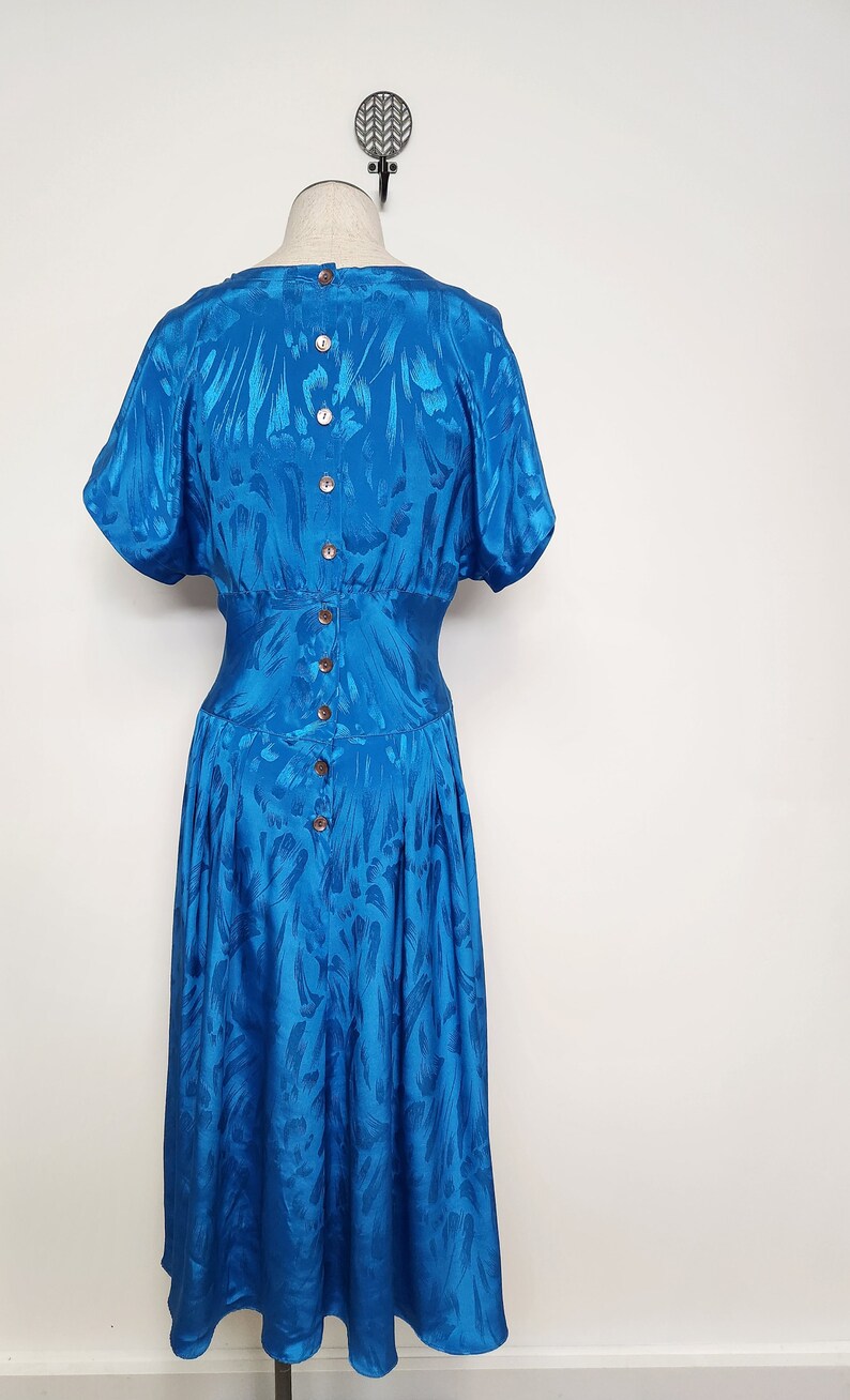 Vintage 80s CERULEAN Blue Flowy V Neck Day Dress s m cocktail dress deep v image 6