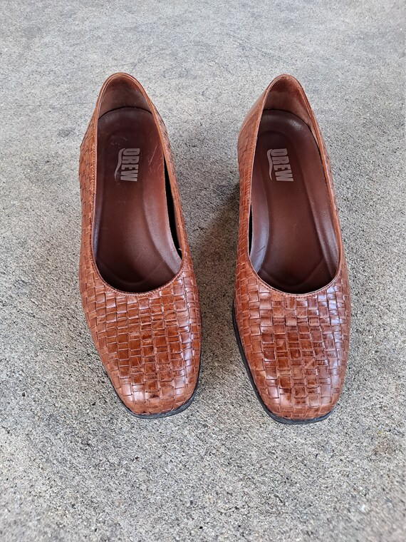 Vintage 90s Brown Woven Leather Slip On Heels wom… - image 7