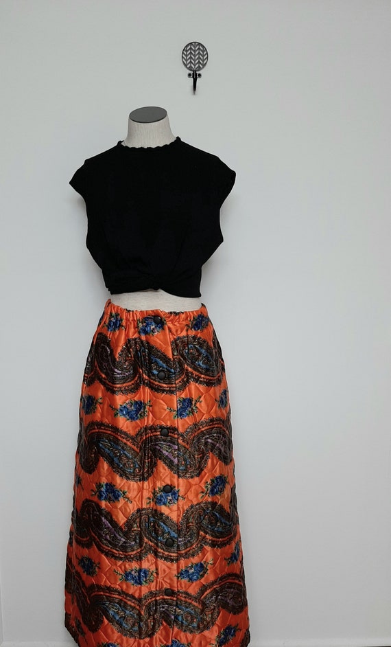 Vintage 60s Orange Floral Paisley Long Quilted Ma… - image 1