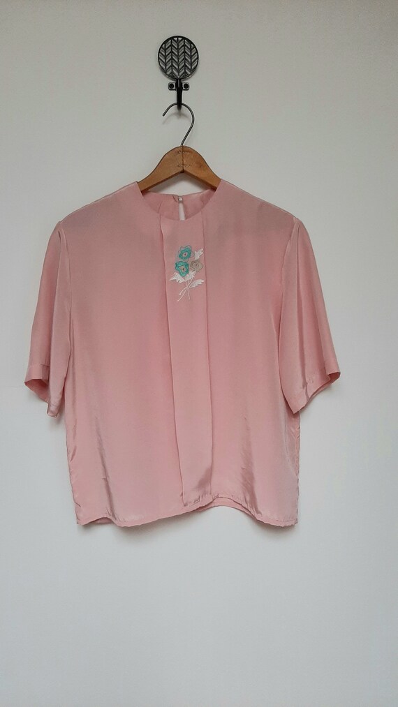 Vintage 80s Shimmery Soft Pink Preppy Boxy Blouse… - image 2