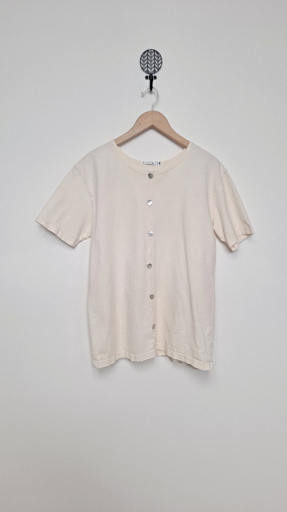 Vintage Creamy White Cotton Long Waist T Shirt wi… - image 2