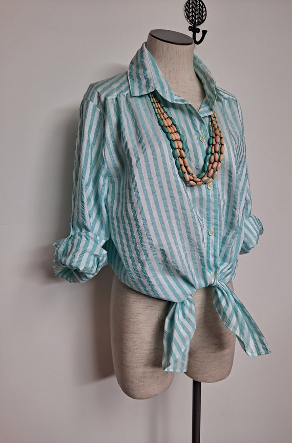 Vintage 80s Lightweight Striped Boxy Blouse women… - image 5