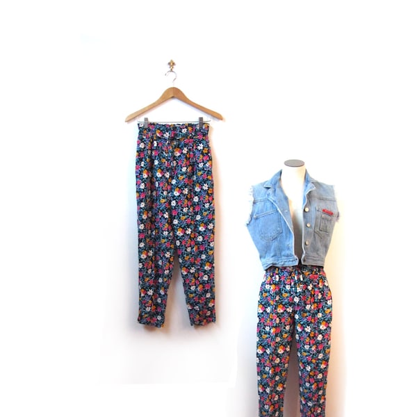 Vintage 80s Floral Boho Chic Grunge High Waist Trouser Pants women small medium