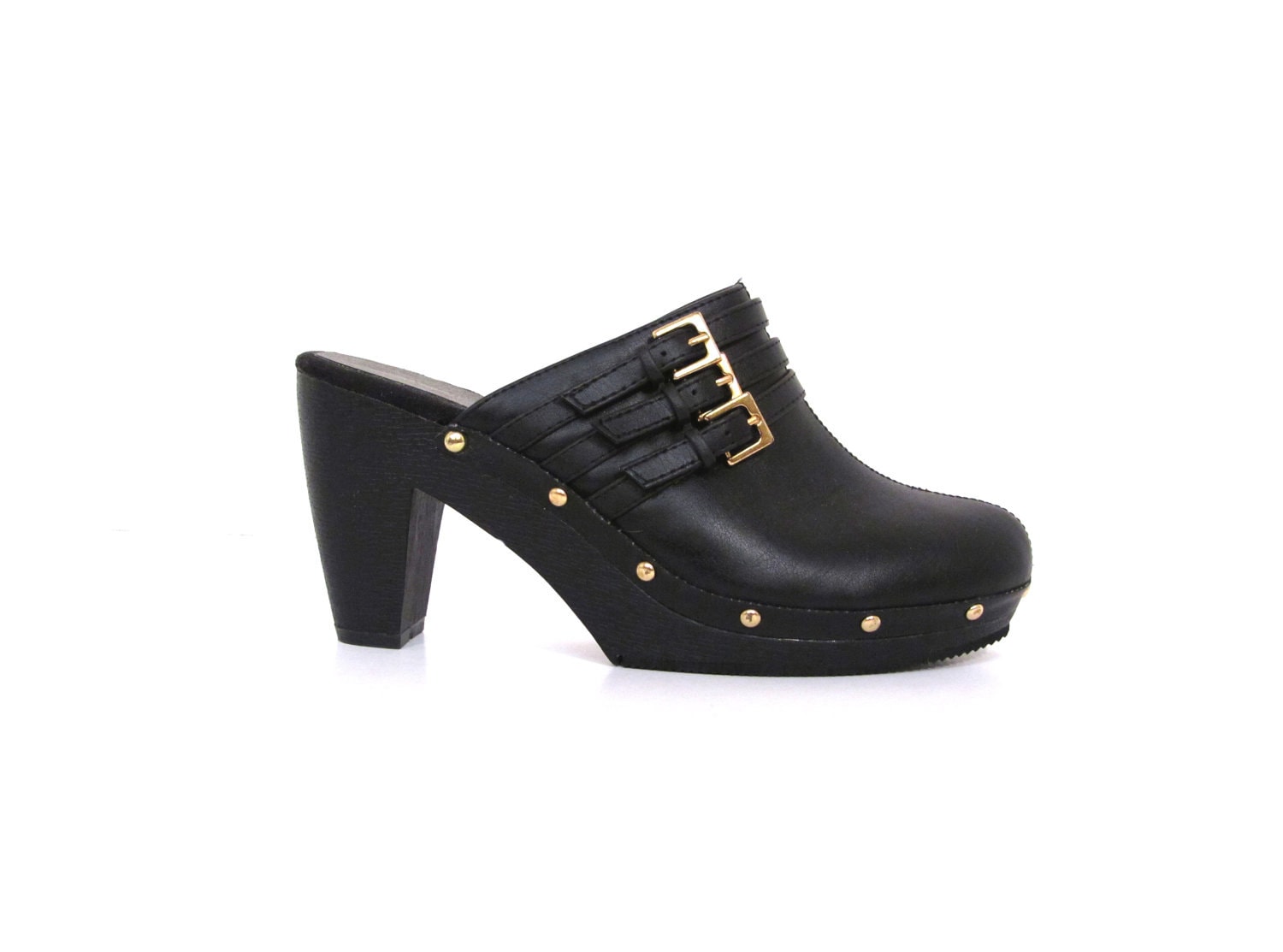 Vintage jaren 90 zwart faux leder studded platform klomp hakken 10 biker chic minimalistische veganistische eco vriendelijke klompen 90s y2k