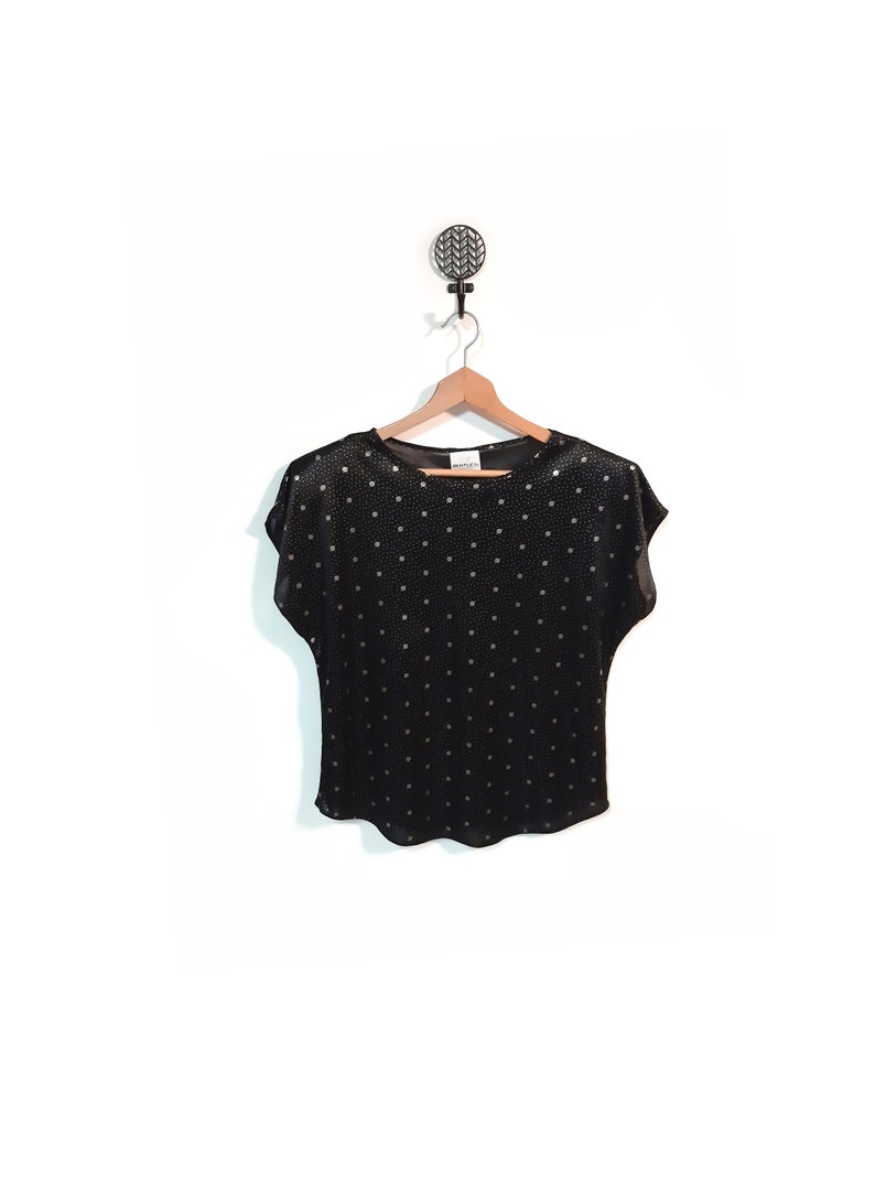Vintage 80s Black Slinky Polka Dot Boxy Blouse women small medium gold polka dots Bentley made in USA short sleeve sheer flowy abstract