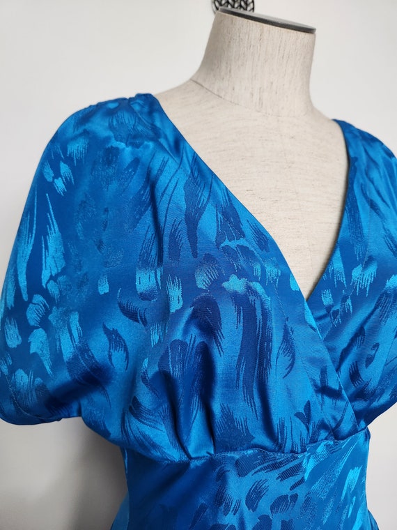 Vintage 80s CERULEAN Blue Flowy V Neck Day Dress … - image 7