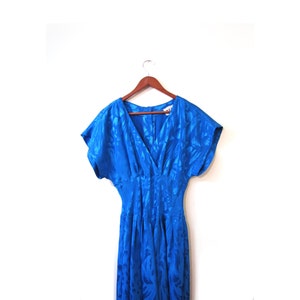 Vintage 80s CERULEAN Blue Flowy V Neck Day Dress s m cocktail dress deep v image 3