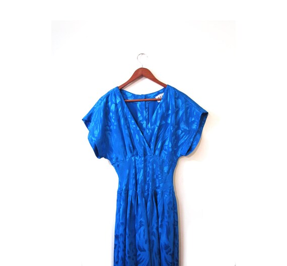 Vintage 80s CERULEAN Blue Flowy V Neck Day Dress … - image 3
