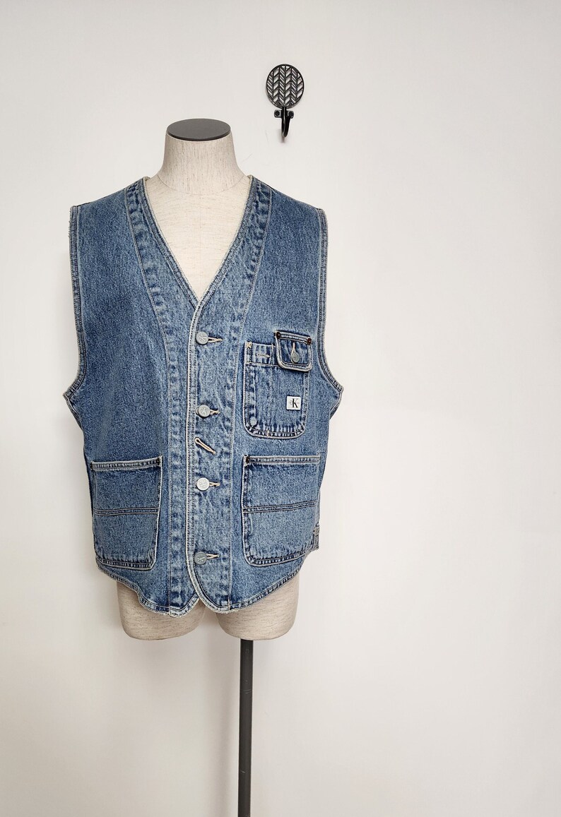 Vintage 90s Oversized Unisex CK Calvin Klein Grunge Reival Blue Button Up Denim Vest l xl biker vest grunge minimalist CK image 2