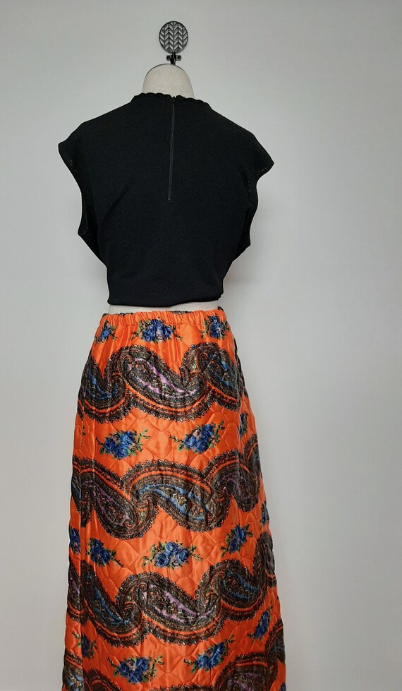 Vintage 60s Orange Floral Paisley Long Quilted Ma… - image 5