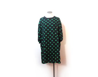 Vintage 80s Oversized Unisex Navy Blue and Green Polka Dot Shirt women S M L Xl men S M L