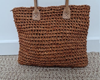 Vintage 90s Oversized Woven Straw & Leather Tote Purse farmers market eco friendly