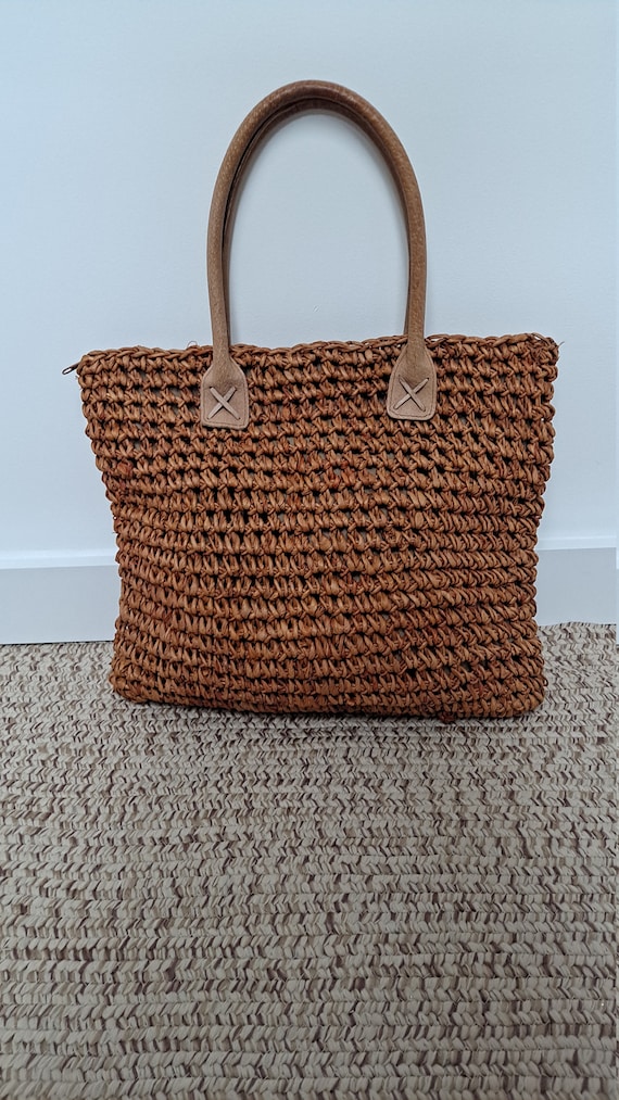 Vintage 90s Oversized Woven Straw & Leather Tote P