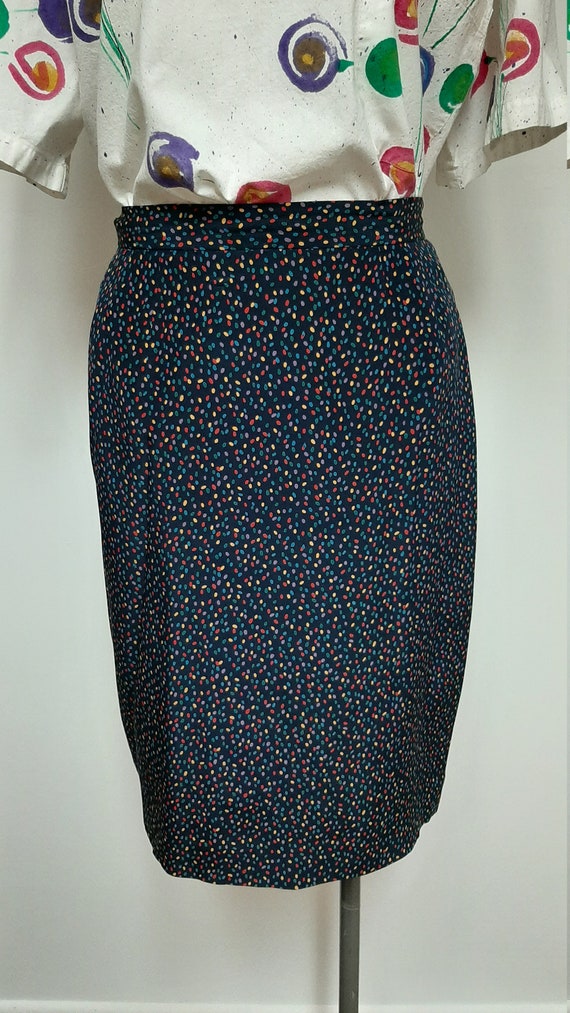 Vintage 80s Blue Silk Polka Dot Secretary Skirt w… - image 4