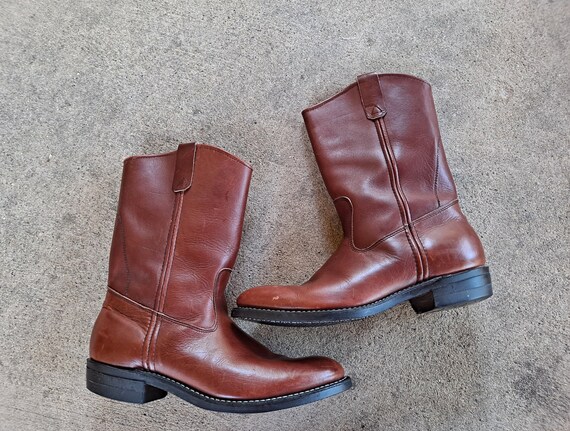 Vintage 80s Rust Brown Leather Pull on Cowboy Boots Men 9D Women
