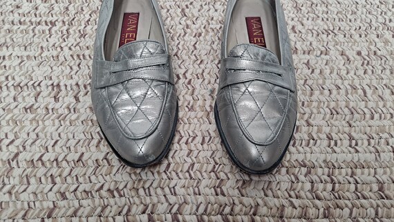 Vintage 80s PEWTER Silver Quilted Leather Loafers… - image 8