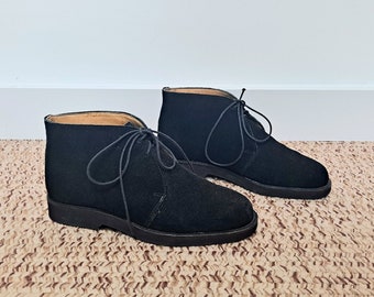 Vintage 90s Black Suede Leather Cole Haan Lace Up Ankle Booties women 6 6.5 preppy fall fashion hipster boots Minimalist boot made in usa