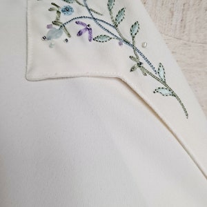 Vintage 90s Cream White Button Up Embroidered Blouse women small med secretary blouse tie waist loose flowy top floral top collared blouse image 2