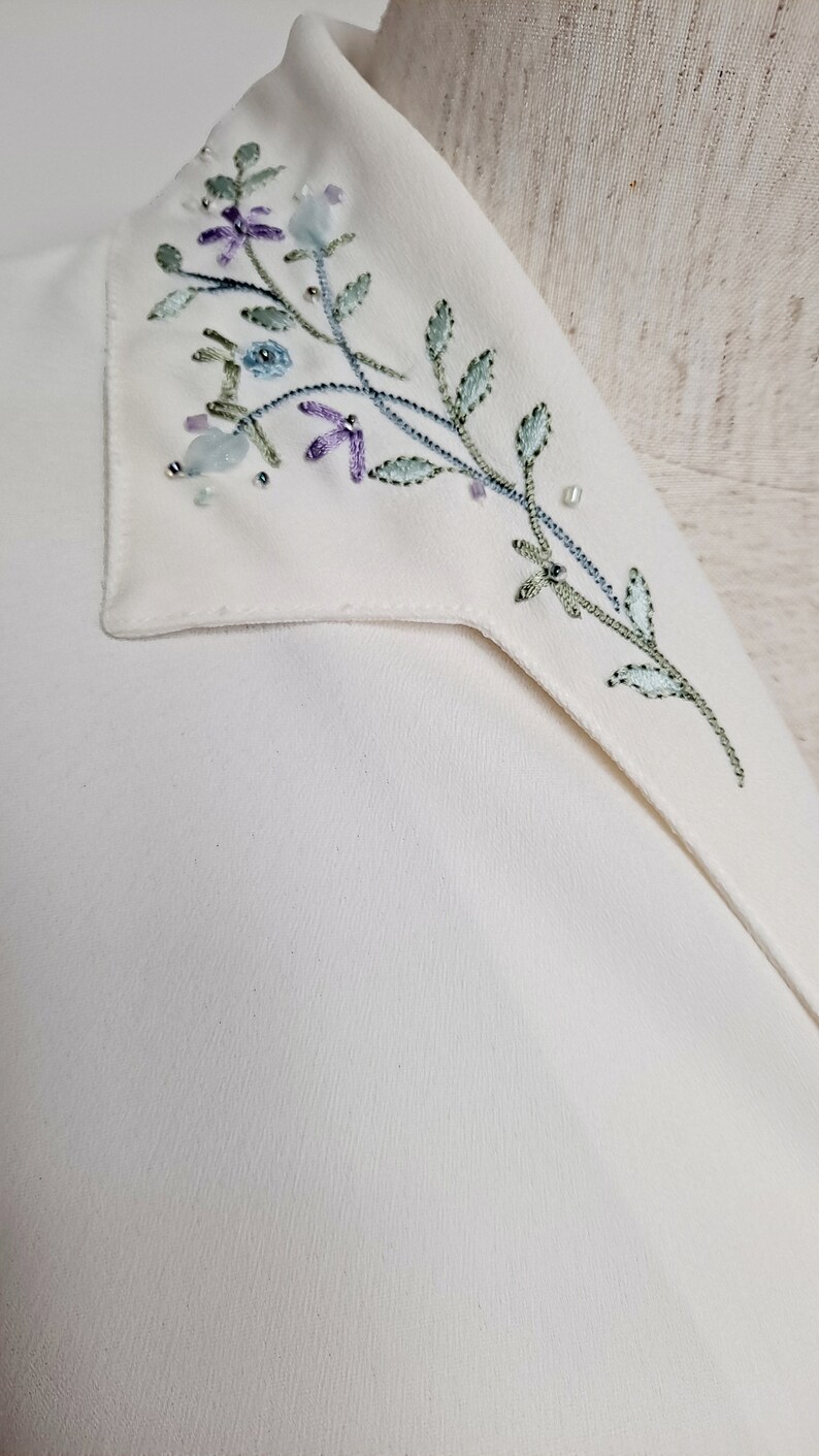 Vintage 90s Cream White Button Up Embroidered Blouse women small med secretary blouse tie waist loose flowy top floral top collared blouse image 2