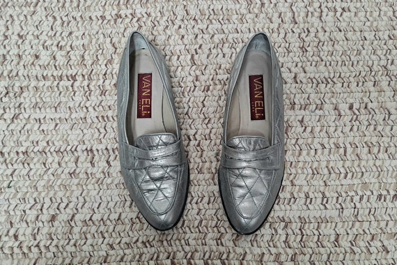 Vintage 80s PEWTER Silver Quilted Leather Loafers… - image 1