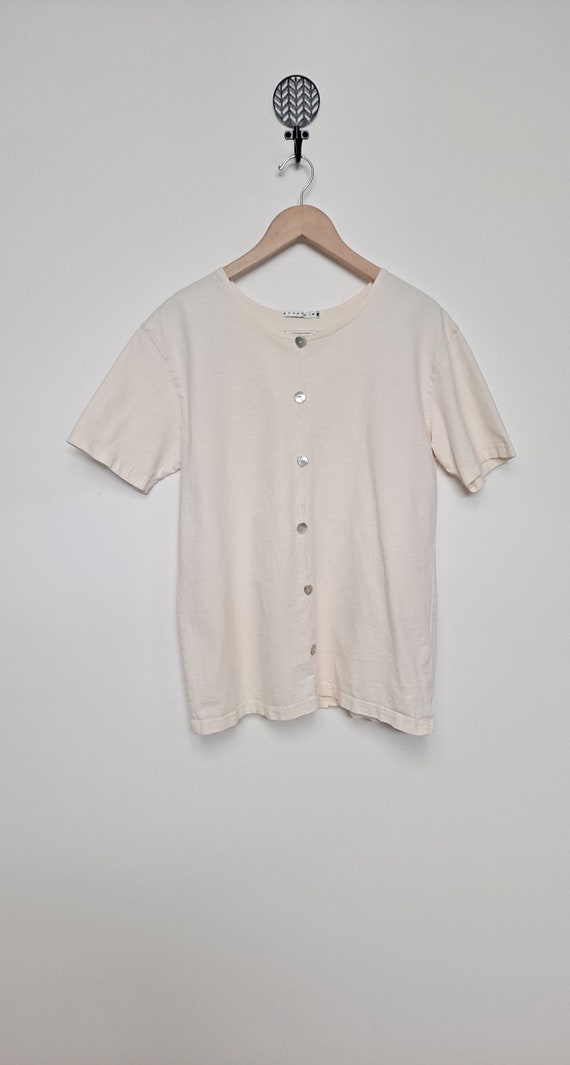 Vintage Creamy White Cotton Long Waist T Shirt wi… - image 3