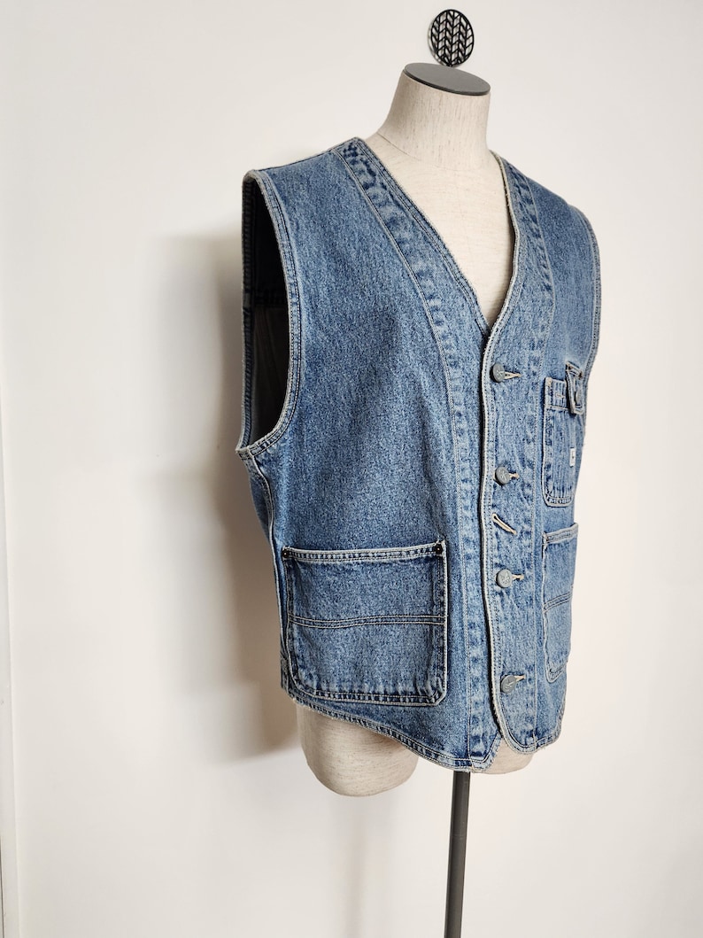 Vintage 90s Oversized Unisex CK Calvin Klein Grunge Reival Blue Button Up Denim Vest l xl biker vest grunge minimalist CK image 8