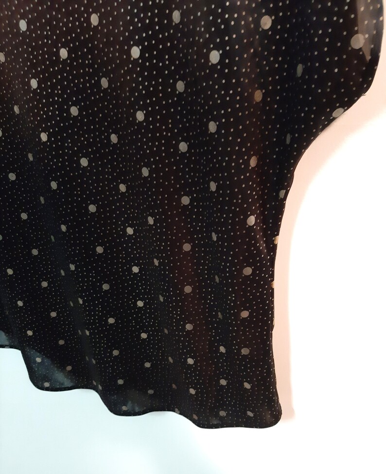 Vintage 80s Black Slinky Polka Dot Boxy Blouse women small medium gold polka dots Bentley made in USA short sleeve sheer flowy abstract