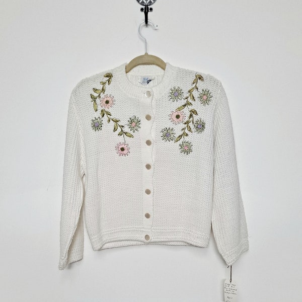 Vintage 1960s MCM White Knit Cardigan women medium sears embroidered rockabilly floral stitch sweater layering sweater preppy
