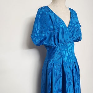 Vintage 80s CERULEAN Blue Flowy V Neck Day Dress s m cocktail dress deep v image 2