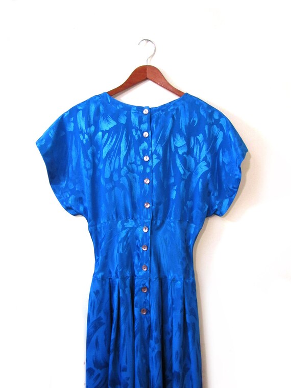 Vintage 80s CERULEAN Blue Flowy V Neck Day Dress … - image 4