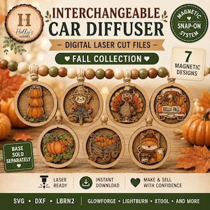 Può includere: Un set di sette ornamenti circolari in legno per diffusore auto con disegni autunnali tagliati al laser, tra cui zucche, uno spaventapasseri, un tacchino, un camion, un carro e una volpe, appesi a un filo di perline di legno.