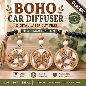 May include: A digital file bundle for three circular wooden car diffusers featuring laser-cut designs of a dragonfly, a butterfly, and a hummingbird with flowers. The text includes BOHO CAR DIFFUSER, 3 DESIGN BUNDLE, and CLASSIC.
